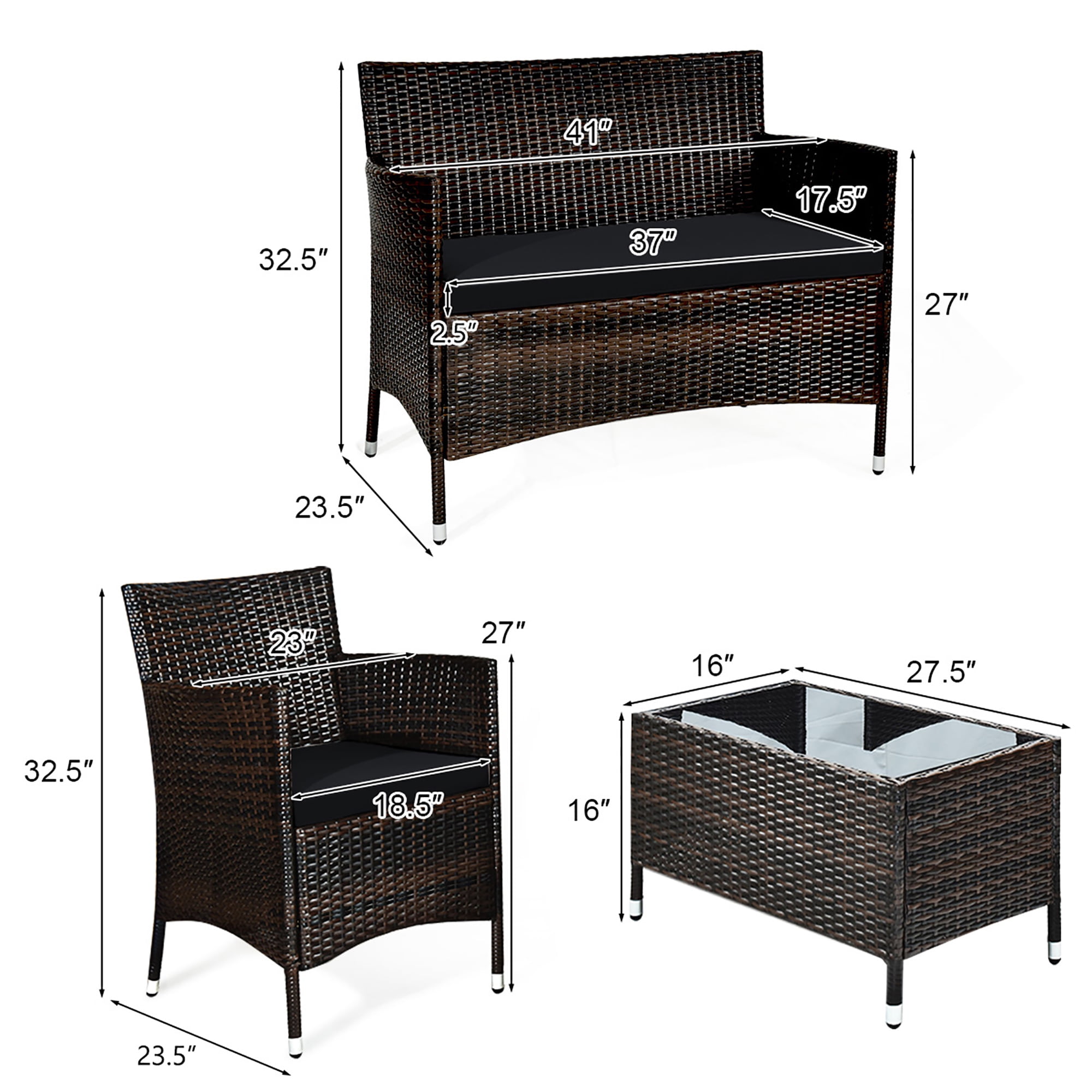 Gymax 4PCS Patio Rattan Conversation Furniture Set Outdoor w/ Black Cushion