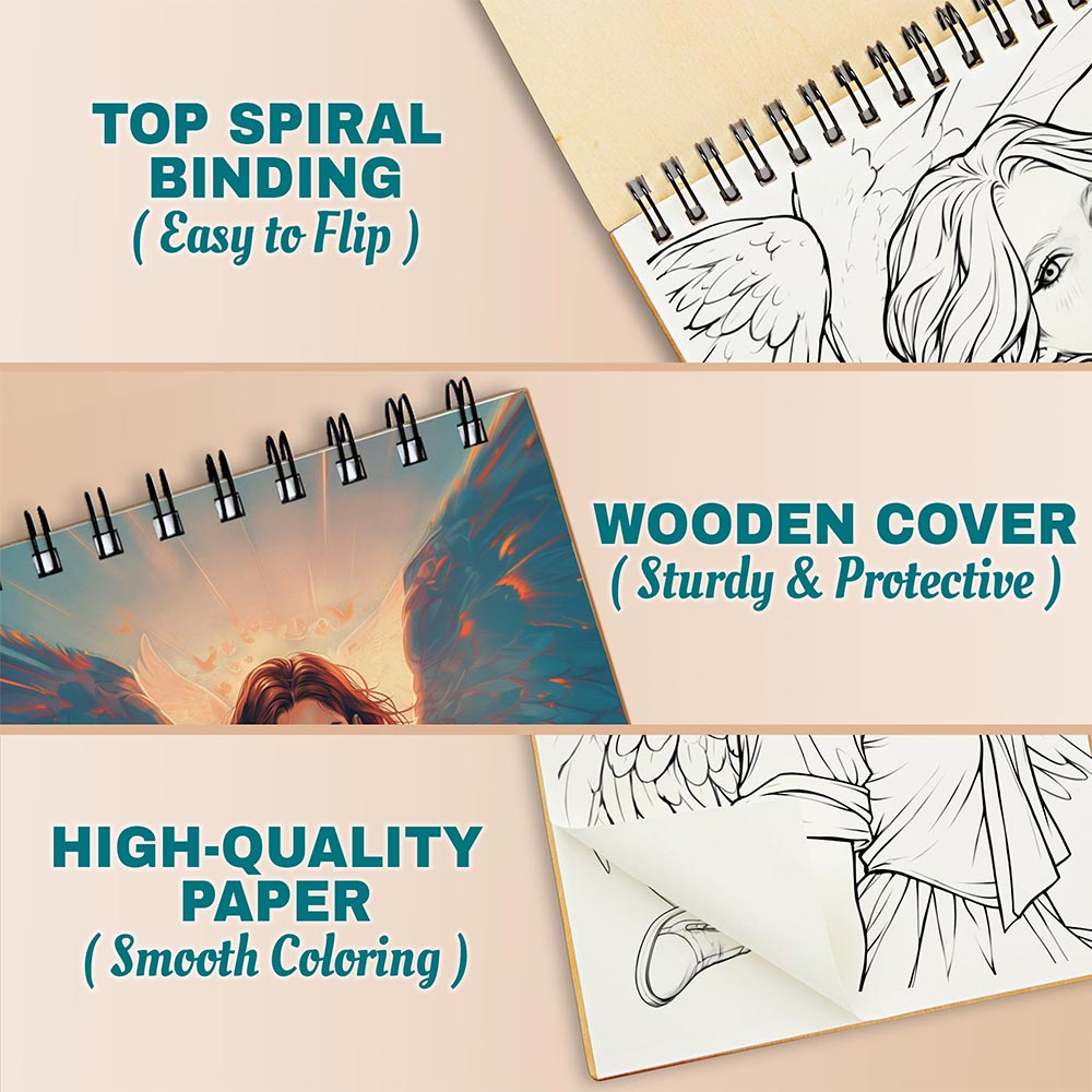 Netecom Modern Angel Coloring Book for Adults, A5 Wooden Cover, Spiral Bound Edition, 30 Elegant Angel Coloring Pages in Modern Styles for Stress Relief and Relaxation