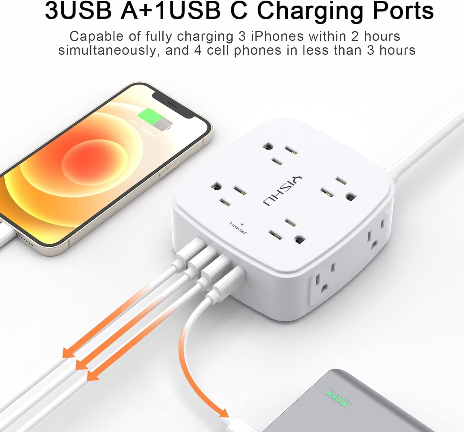 10 Ft Surge Protector Power Strip - General 3 Side Outlet Extender with 8 Widely AC Outlets and 4 USB Ports, 10 Feet Extension Cord with Flat Plug, Wall Mount Desk USB Charging Station, ETL,White