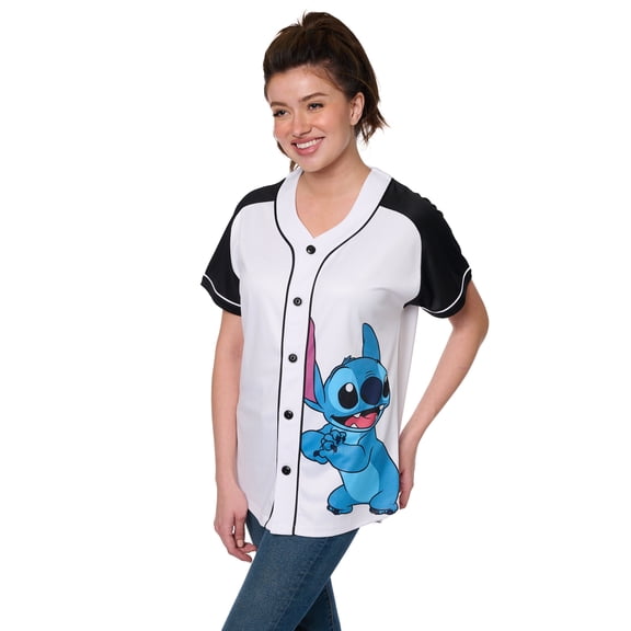 Disney Stitch Women’s Baseball Jersey Button Down Graphic Shirt White