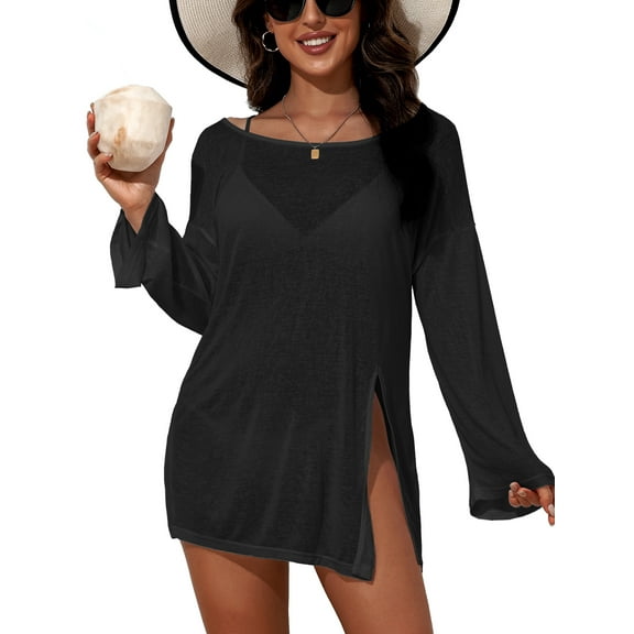 Charmo Womens Side Split One Piece Cover-up Long Sleeve Swim Tops Backless Beachwear