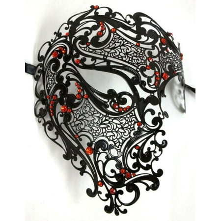 Black Red Phantom Laser Cut Venetian Mask Masquerade Metal Men Skull Filigree