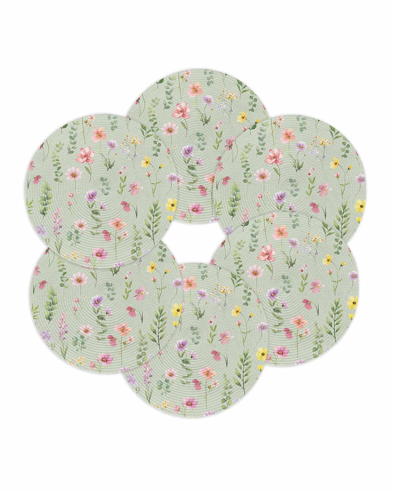 15 Inch Round Placemats Set of 6, Pink Spring Floral Non Slip Heat Insulation PP Table Mats, Farmhouse Flowers Sage Green Leaves Washable Place Mats for Kitchen Dining Party Table Decor