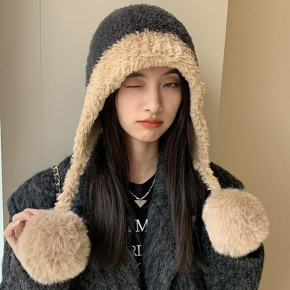 Sinpiling Winter Hats for Women with Ear-Flaps Pom-Pom Strap Beanies Fleece Sherpa Thermal Warm Color Block Ski Snow Wool Knitted Cap Hat