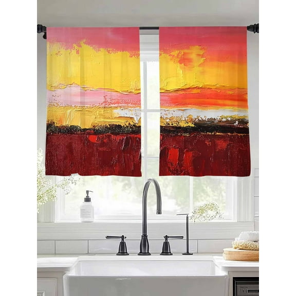 Sunset Sunrise Sheer Curtains 45 Inches Long 2 Panels Red Yellow Light Filtering Semi Sheer Window Curtains Drapes for Bedroom Living Room 52"x45"