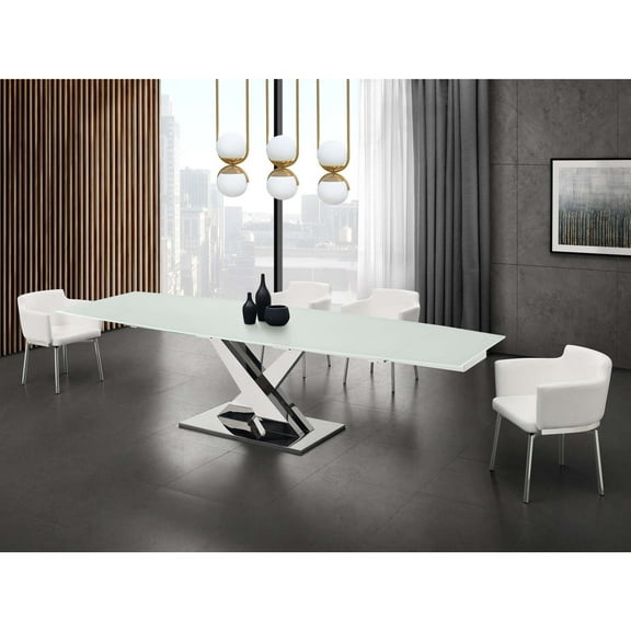 Casabianca Home X Base manual dining table with stainless base and white top.