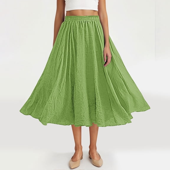 Women's Elastic High Waist Flared Skirt Midi Length A-Line Pleated Flowy Lightweight Summer Beach Vacation Skirt Casual Relaxed Fit Swing Sun Skirt