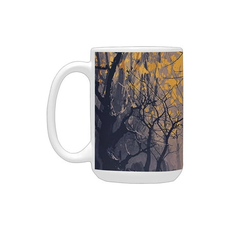 

Fantasy Art House Decor Autumn Beech Birch Branches with River Creek with Rocks Scary Art Mauve Yell Ceramic Mug (15 OZ) (Made In USA)