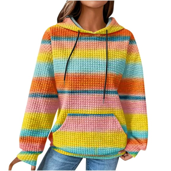 LMKIHUSA Hoodie Pullover for Women,Womens Striped Waffle Knit Hoodies Long Sleeve Pocket Drawstring Pullover Sweatshirts Fashion Rainbow Print Casual Sweaters Comfy Fall Clothes,Yellow,XXXXXL