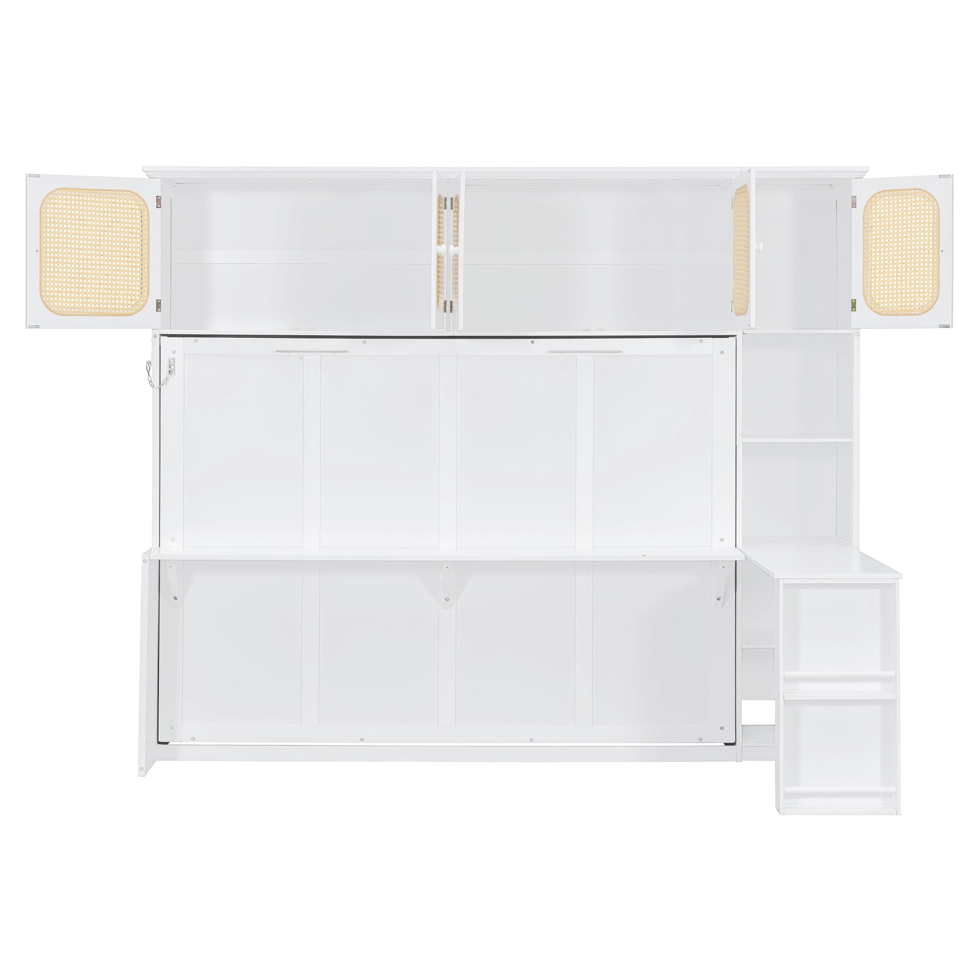 Mintazer Full Size Rattan Murphy Wall Bed with Desk & Side Bookshelf, Folding Bed with 5 Rattan Storage Cabinets for Guest Room Apartment, White