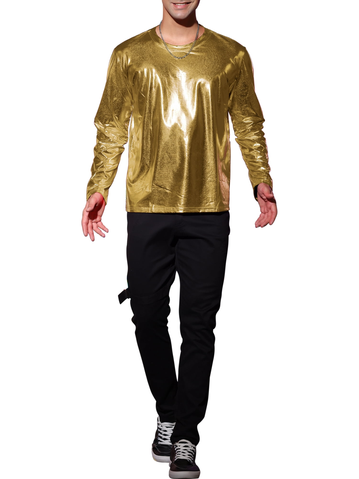 Unique Bargains Men's Metallic T-Shirt Round Neck Long Sleeve Shining Disco Tee Top L Golden