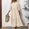 thumbnail image 2 of WTOBBY Women's Fashion Solid Color Notched Lapel 3/4 Sleeve Swing Dress, Casual Flowy Midi Dress with Wide Skirt for Spring Summer Elegance,Beige L, 2 of 7