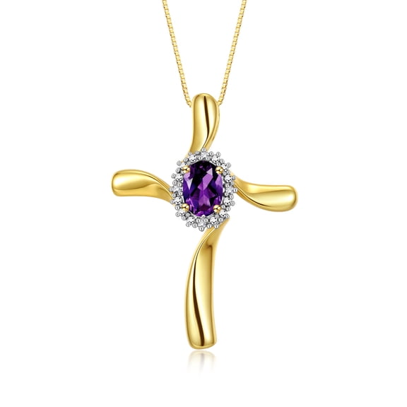 RYLOS Necklace Yellow Gold Plated Silver 925 Cross Necklace Gemstone & Diamonds Pendant With 18" Chain 7X5MM Amethyst February Birthstone Womens Jewelry Silver Necklace