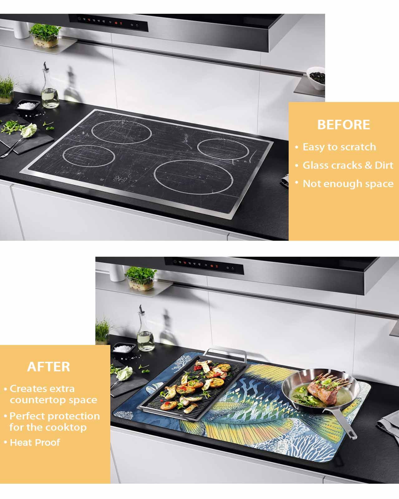 nqOlkjepod Large Induction Cooktop Protector Mat 24"x21", Coastal Blue Yellow Fish Stove Top Covers for Electric Stove, Summer Ocean Coral Plant Stove Burner Cover Mats, Glass Top Stove Cover