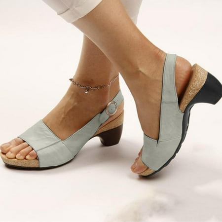 

WHLBF Women s Summer Sandals Comfortable Elegant Low Chunky Heel Shoes Thick Heel Sandals Pumps Buckle Open Toe Casual Shoes Gray 9(42)