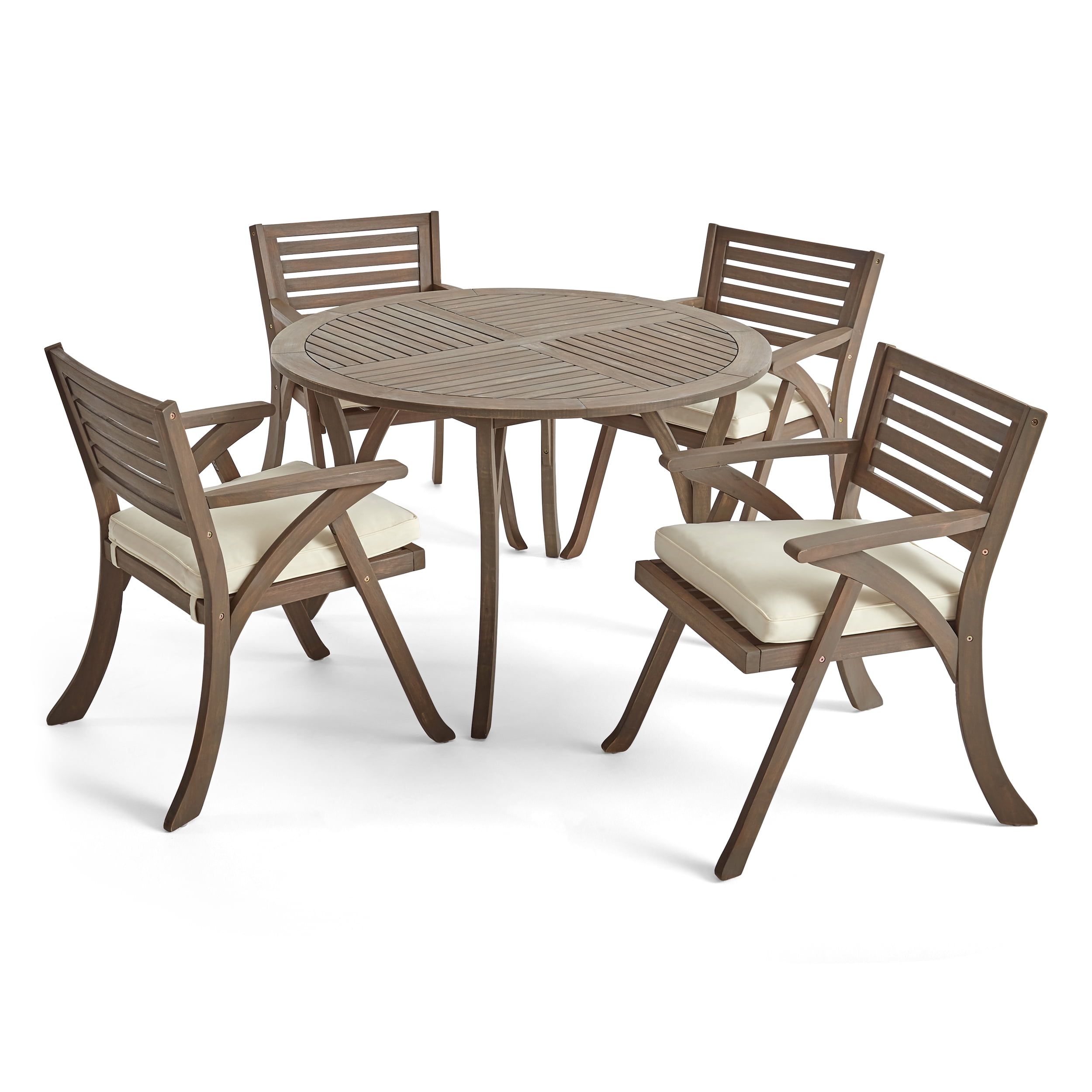 Jordy Outdoor 5 Piece Acacia Wood Dining Set with Round Table, Gray, Crème
