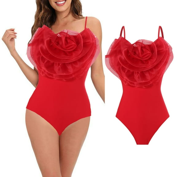 Elainilye Fashion One Piece Bathing Suit for Women Solid Color Flounce Tight Fitting Bikini Sexy One Piece Swimsuit,Red