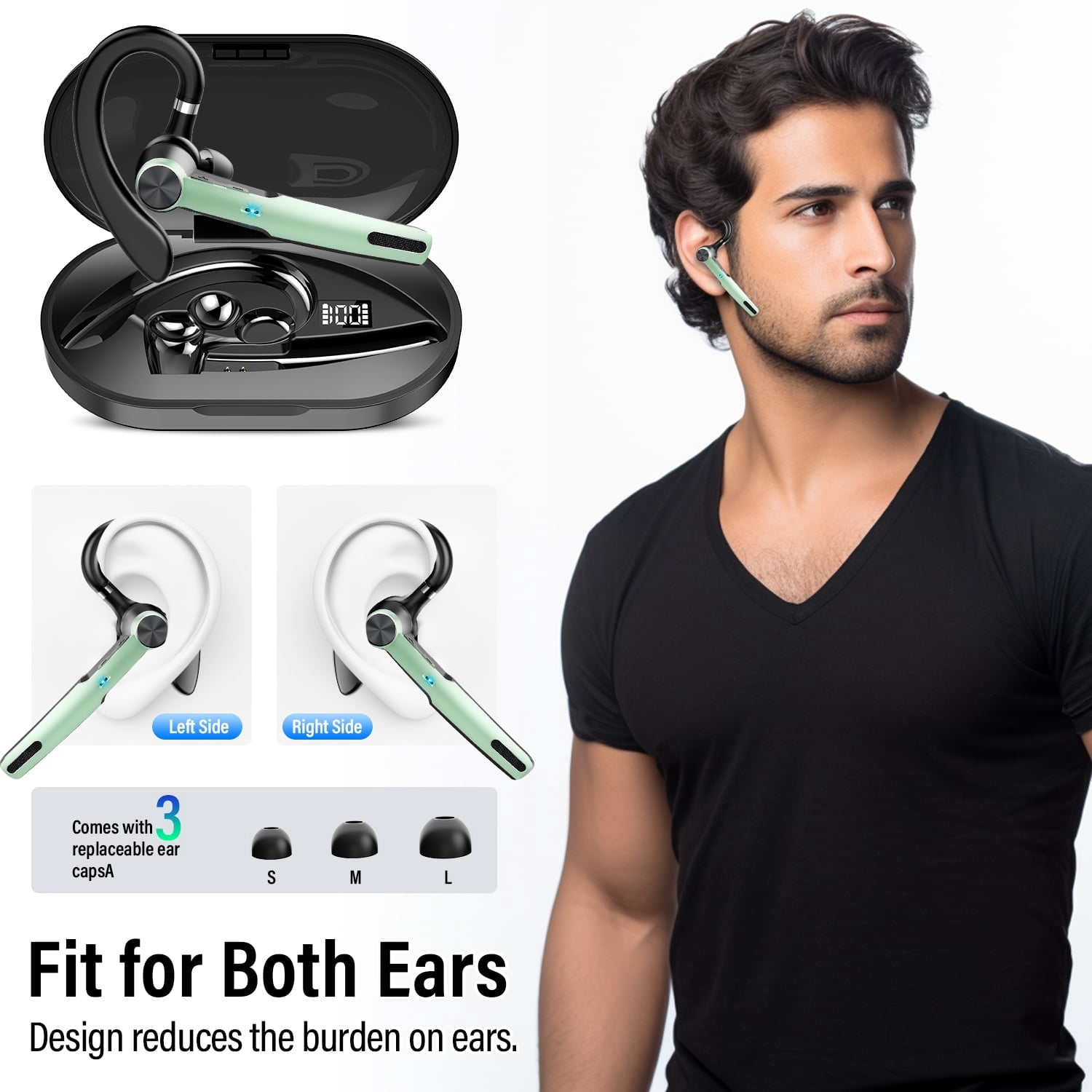 Bluetooth Headset, Single-Ear Bluetooth Earpiece, 72 Hours Talking Time Wireless Headset V5.3 with 400mAh Charging Case for Ios Android Cell Phones, Green