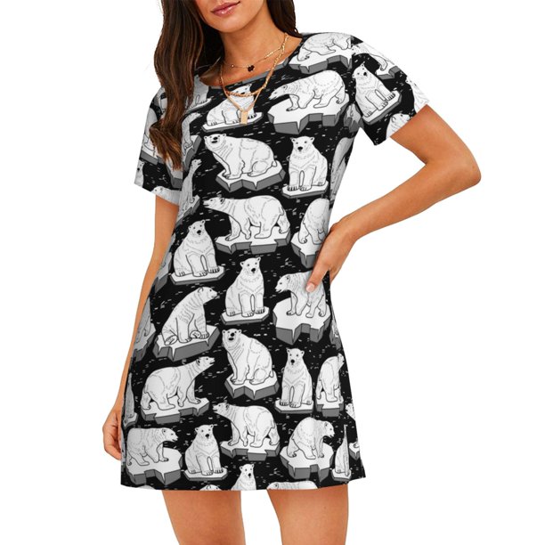 Balery Cute Cartoon Polar Bear Camisón de manga corta con cuello redondo para mujer, cómodo y elegante.