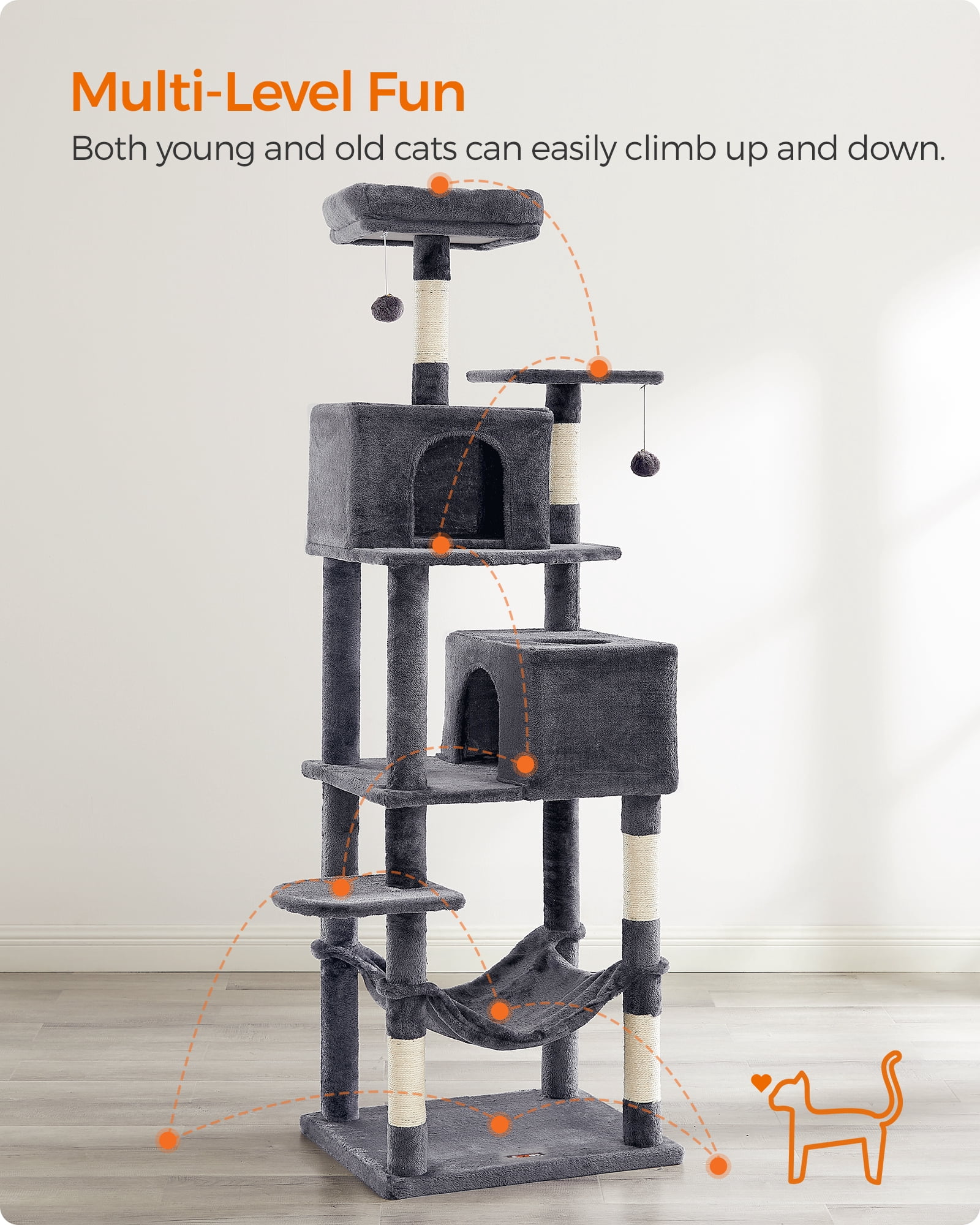75.2"H Cat Tree Cat Tower for Indoor Cats, Plush Multi-Level Cat Condo with Scratching Posts, Perches, Caves, Hammock, Smoky Gray