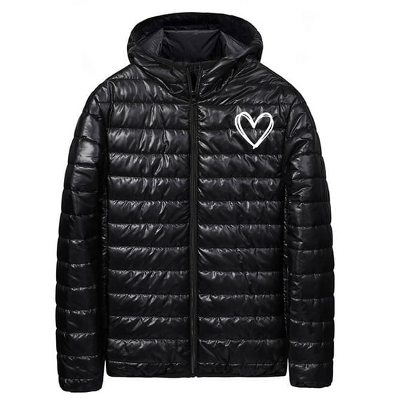 cocolona Mens Lightweight Packable Puffer Jacket Heart Print Quilted Jackets Long Sleeve Zip Up Hooded Down Jacket Winter Warm Coat