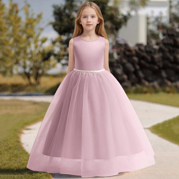 Girls Dresses Flower Girls Satin Pageant Dress for Wedding Kids Pearls Prom Gowns with Bow Attractive Elegant