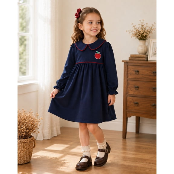 HILEELANG Toddler Girls Peter Pan Collar Apple Dress, Long Sleeve 4Y