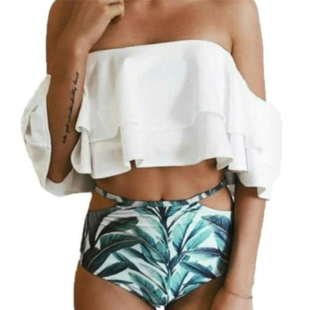 - Womens Ruffle Off Shoulder Padded High Waist Vintage Bandeau Bottom Swimwear Bikini Set
