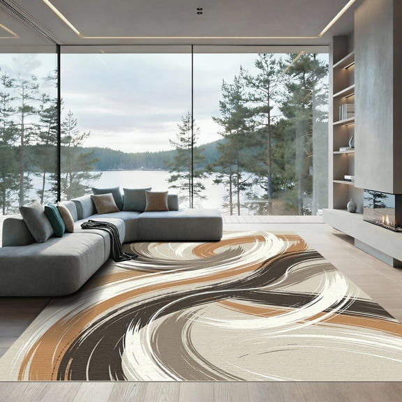 ODIKA 4'x6' Machine Washable Non-Slip Area Rug, Abstract Greige High Traffic Rug, Beige, 952554