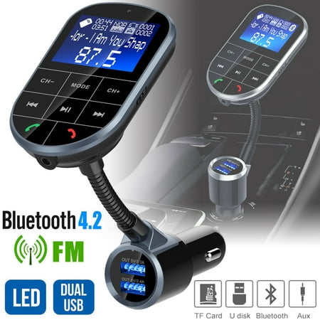 Bluetooth V4.2 FM Transmitter for Car, Wireless Bluetooth FM Radio Adapter 2 Ports USB Car Charger with Hands-Free Calling