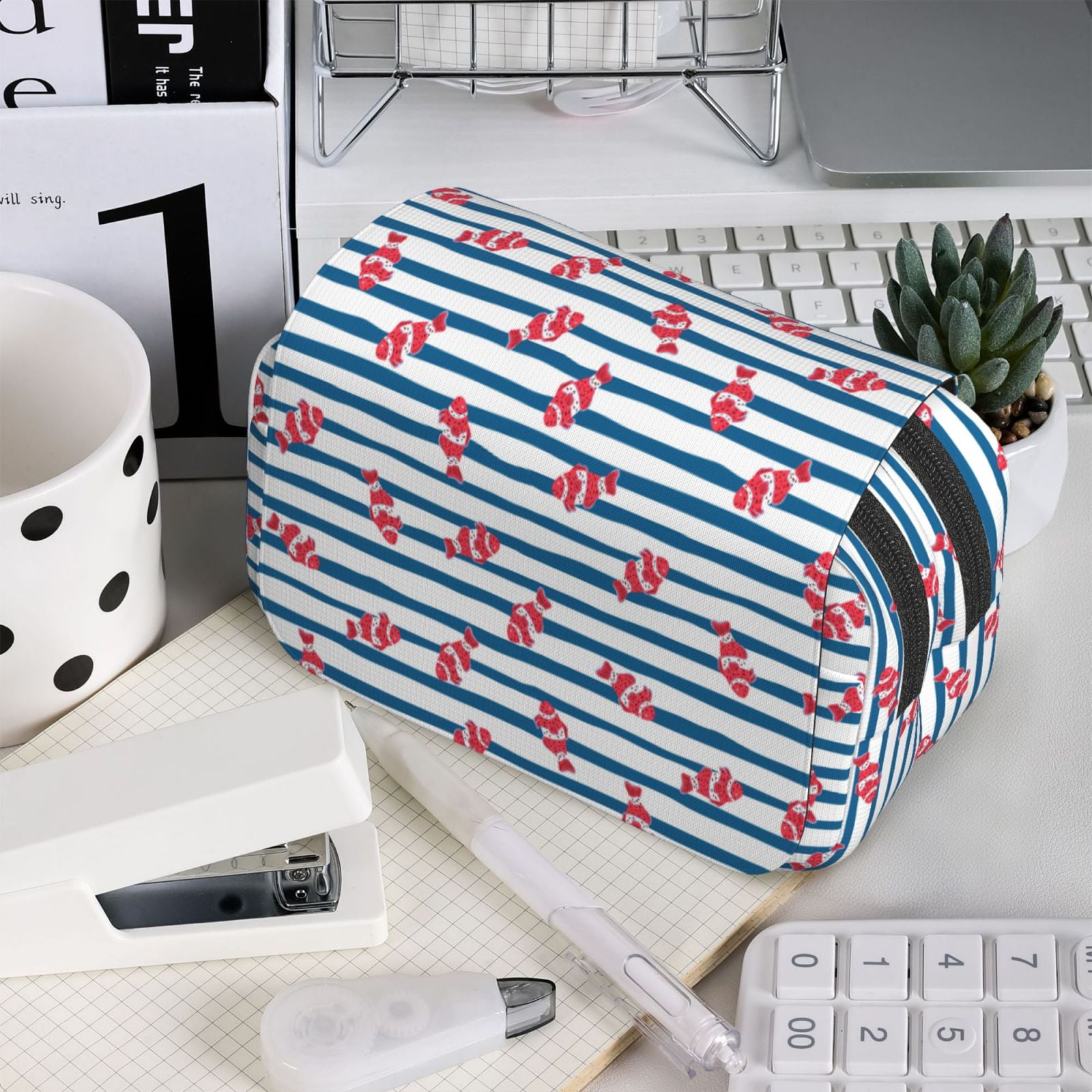 Rateoe Clown Fish Pattern Double Clamshell Pen Case, Storage Organizer with Two Zipper Compartments– Holds Up to 50 Pencils & Pens