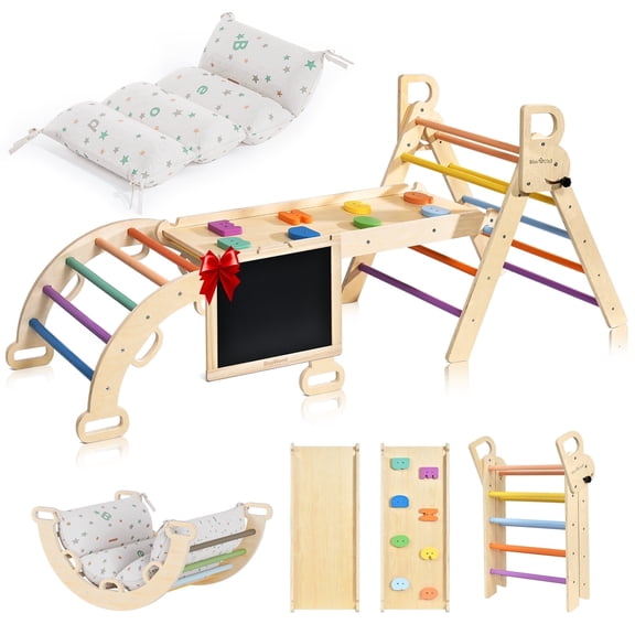 BlueWood 7-in-1 Foldable Pikler Triangle Climbing Set with Cushion,for Toddlers,Multicolor