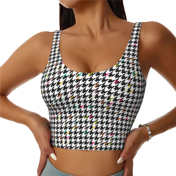 Fotbe Black And White Houndstooth Sujetador Deportivo Largo sin Aros para Mujer con Almohadillas y Soporte Medio, Transpirable y Absorbente, Camiseta Tipo Chaleco o Tank Top-Large