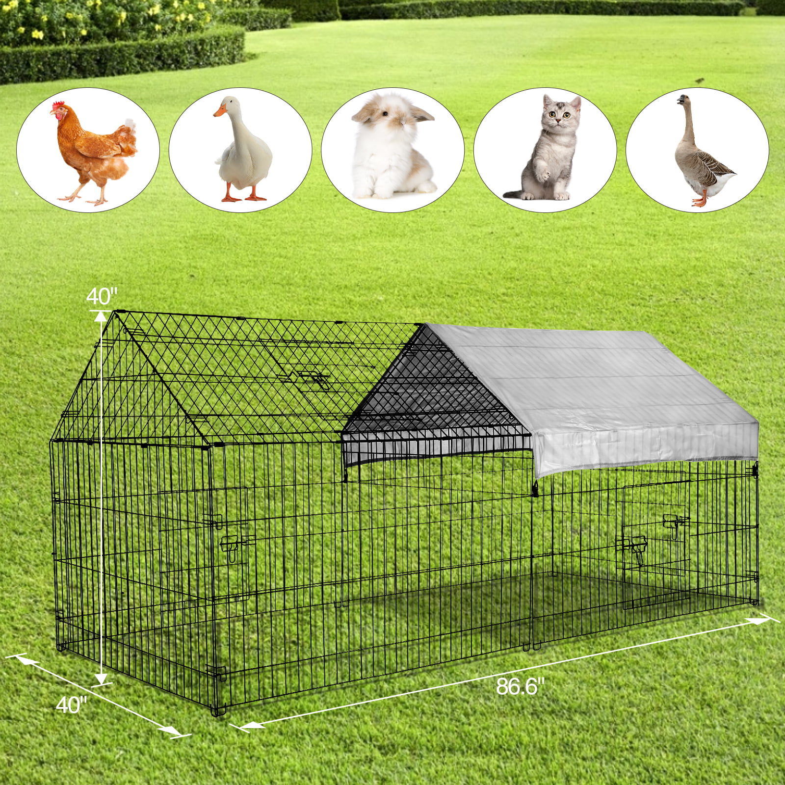 Chicken Coop Pet Cage Metal Pen Rabbit Enclosure Brooder Tractor Cover 86" x 40" 
