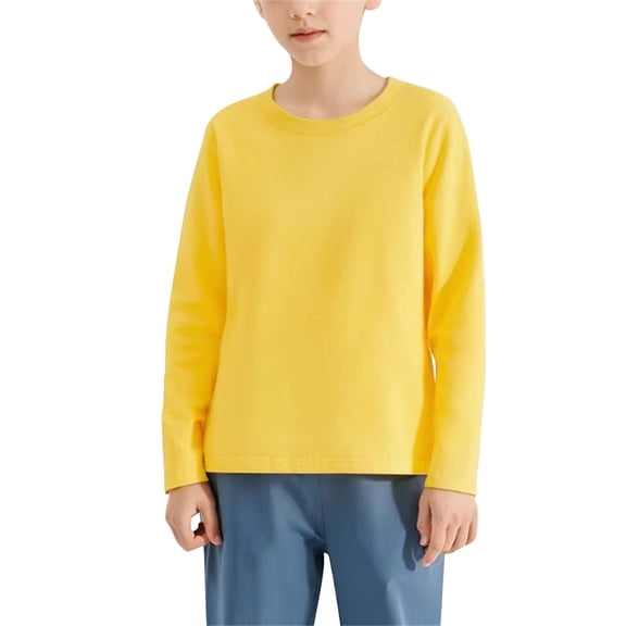 YOUYEDIAN Boys Girls Long Sleeve Shirt Soft Cotton Tees Kids Solid Basic Crewneck T-Shirts Top Teens Boys Comfort Fall Clothes Yellow
