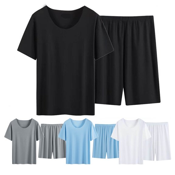 CHGBMOK Pajamas for Men Fashion Solid Color Round Neck Short Sleeve Elastic Waist Shorts Pajama Set L-4XL