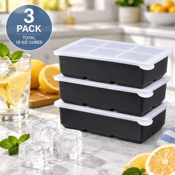 DAZUINIAO 3 Pack Large Square Silicone Ice Cube Tray with Lid, Reusable Whiskey Ice Cube Maker for Cocktails, Coffee and Drinks, Easy Release Freezer Ice Molds, BPA Free