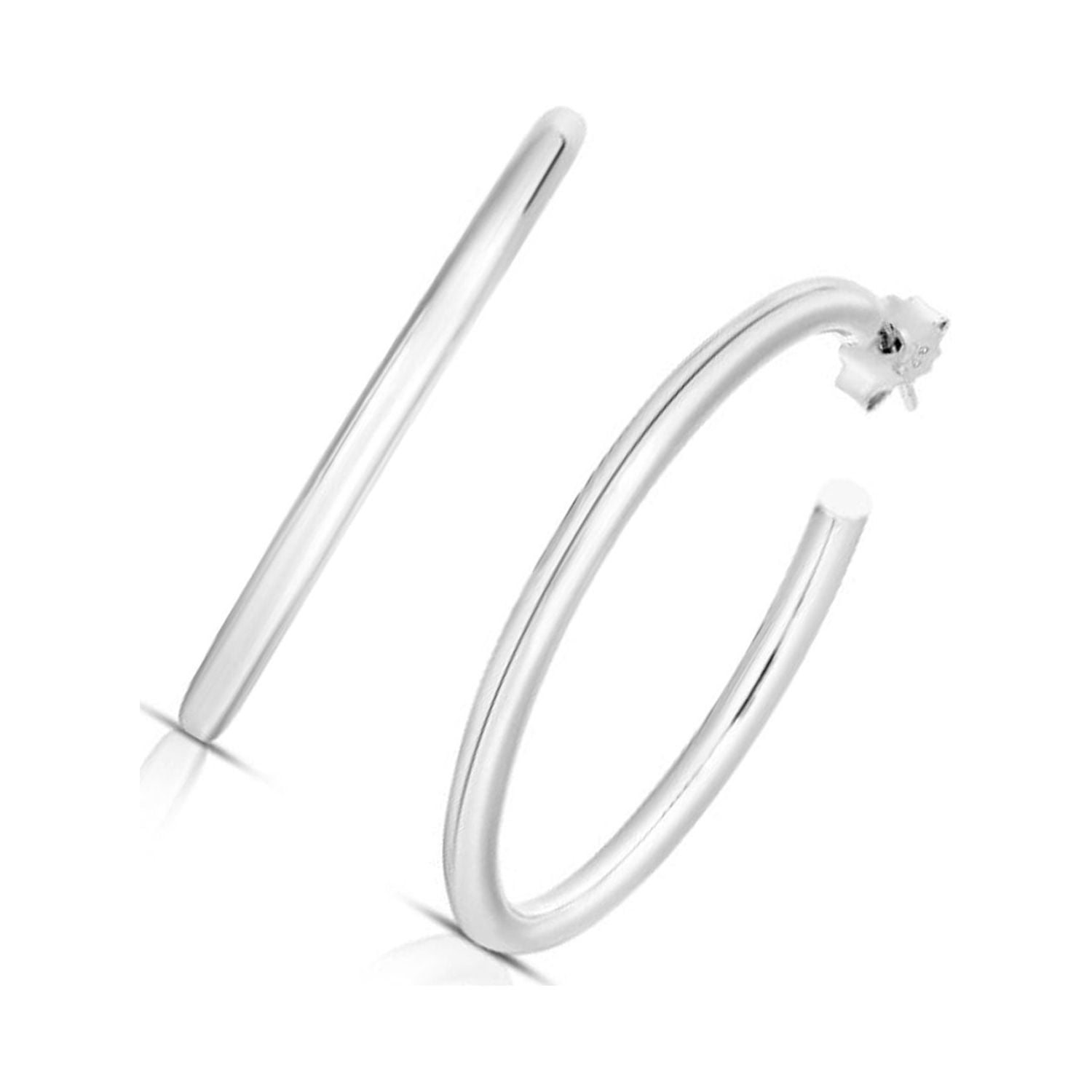 JewelStop Sterling Silver Polished Finish 40mm Round Tube C Hoop Earrings with Push Back closure.