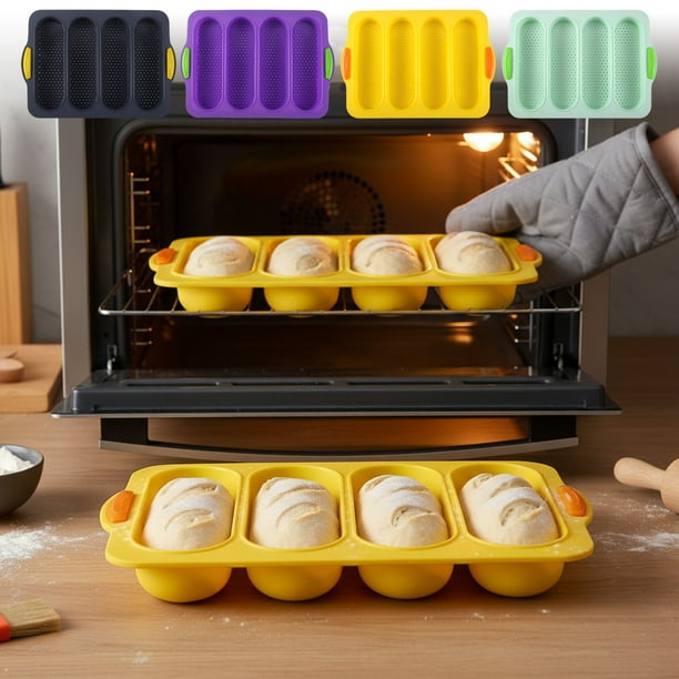 Molde de silicona antiadherente de 4 cavidades para pan de masa madre, baguettes y panecillos caseros (1 unidad, 34 x 23,8 x 2,5 cm, negro) Rkxzt