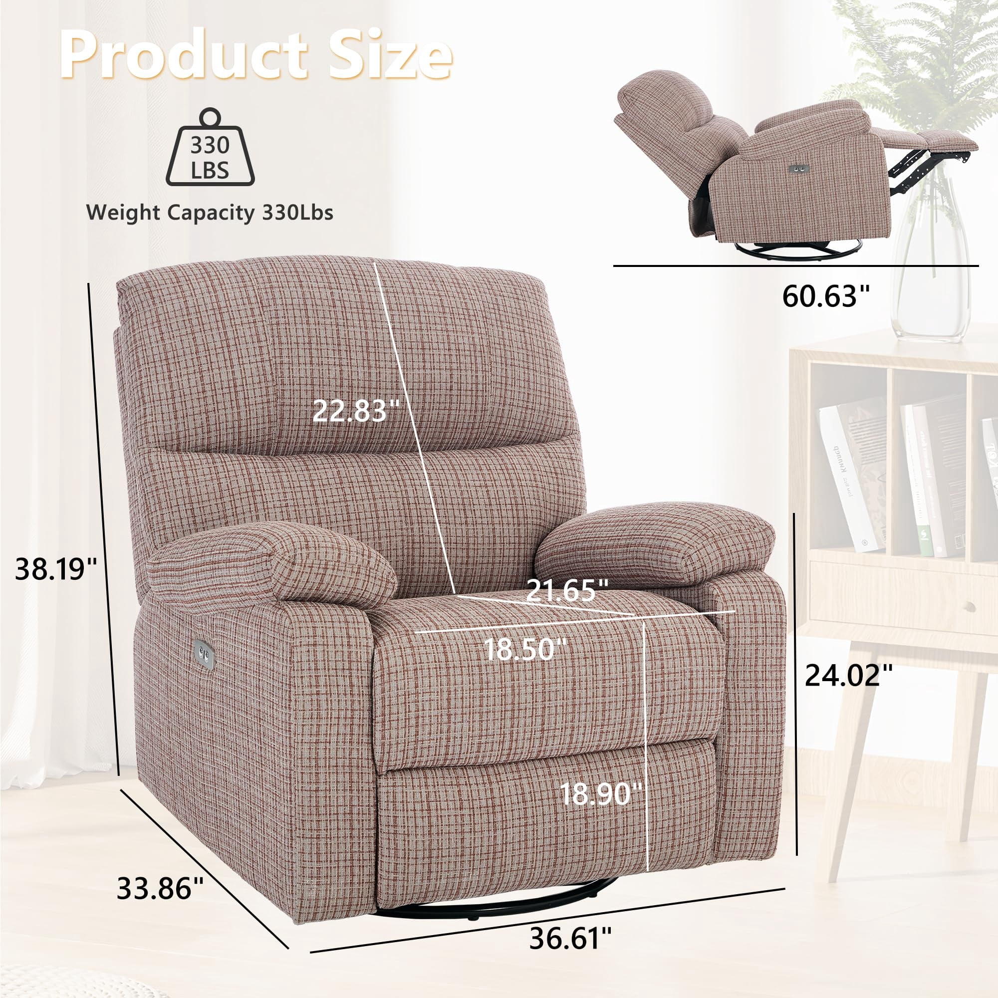 Power Recliner Chairs for Adults, Swivel Rocker Recliner Chair, Adjustable Electric Recliner with USB Port, Rocking Chair Nursery, Small Recliner for Living Room, Brown