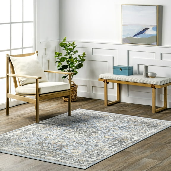 Nuloom Valencia SpinClean Traditional Persian Machine Washable Area Rug, 5' 3" x 7' 6", Valencia Light Blue