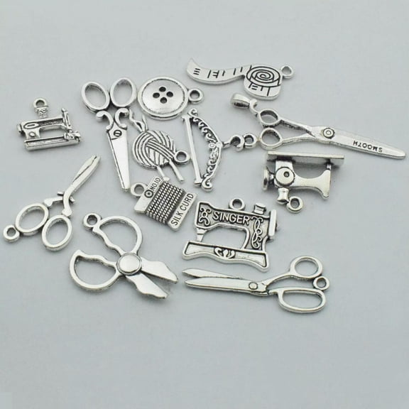 U8MO 4 Sewing Themed Charms Antiqued Silver Seamstress Jewelry Making Stitch Mix