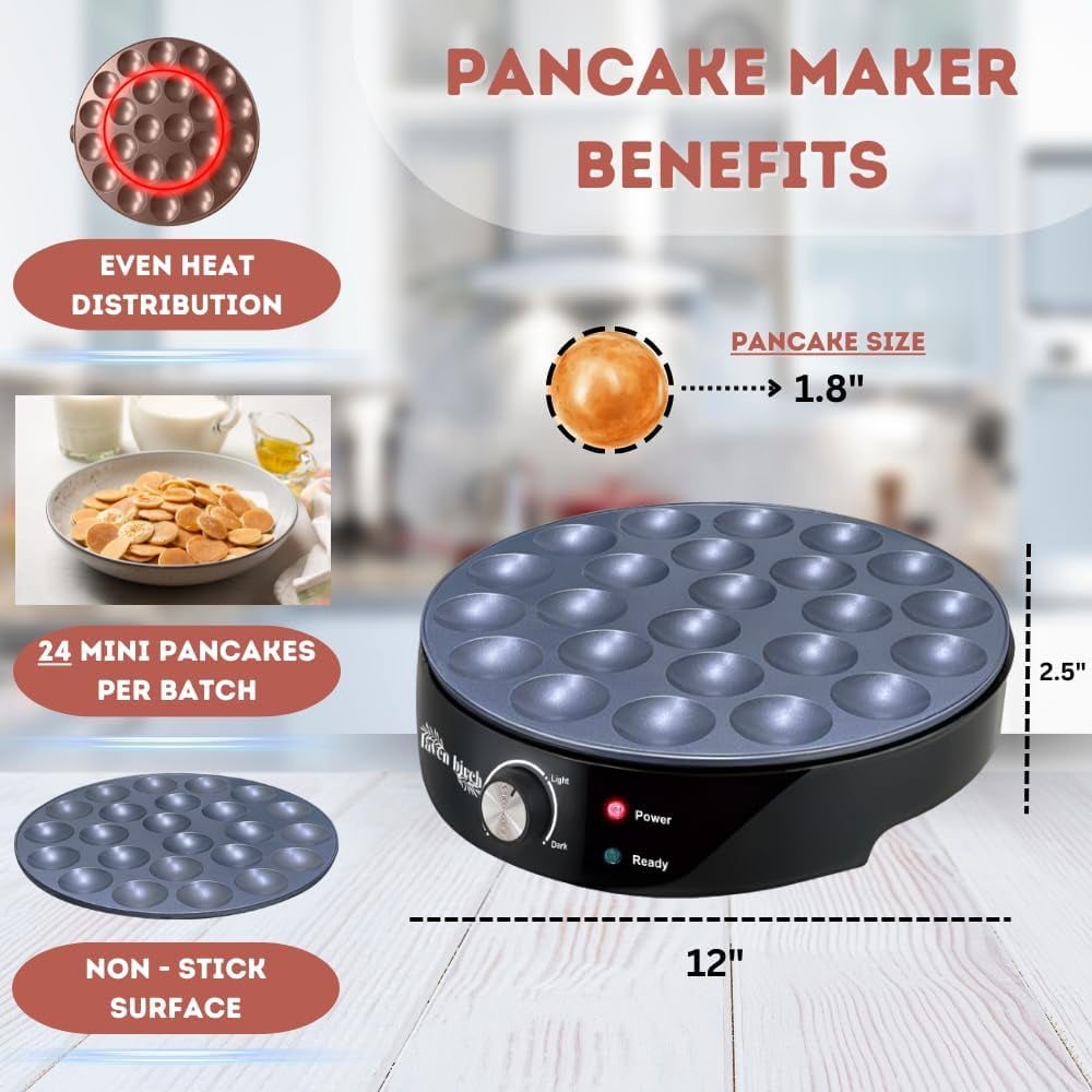 24 Mini Pancake Maker Machine, Nonstick Electric Dutch Pancakes Griddle, Adjustable Heat Multi-Use Poffertjes Pan, Simple & Easy Baker for Home and Restaurants, Perfect for Breakfast & Desserts