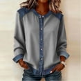 thumbnail image 2 of Womens T Shirts Denim Patchwork Button Down Long Sleeve Open Front Ladies Clothing,Light Gray,S, 2 of 7