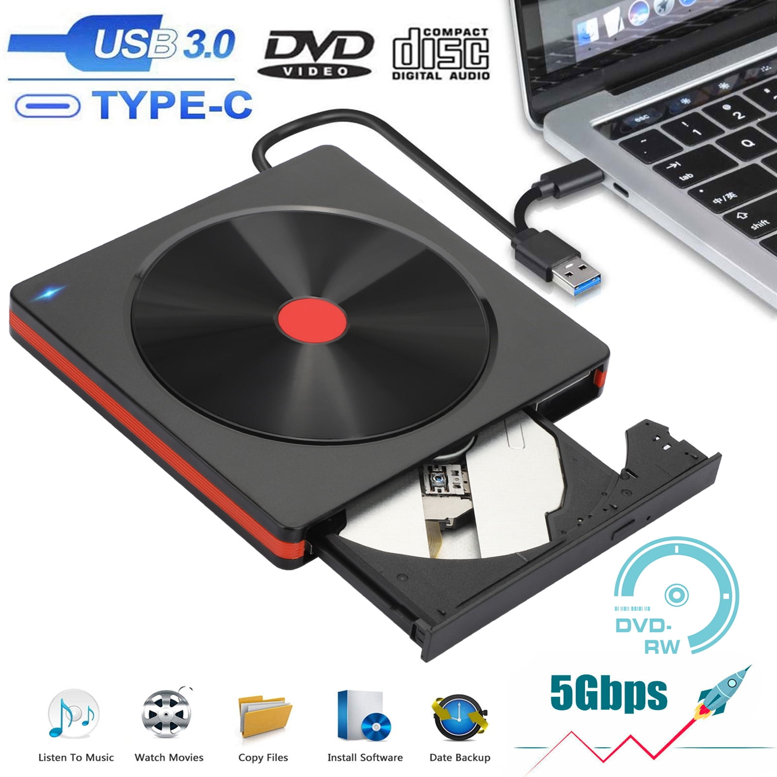 External CD for Laptop, EEEkit USB 3.0 Type C CD/DVD +/-RW Slim Optical Drive Player Reader Rewriter Burner, Portable External CD Drive for Laptop Desktop Windows Linux Mac OS -