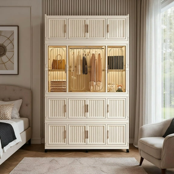 Barara King Bedroom Armoire Storage Cabinet,Wardrobe,Portable Wardrobe Closet Storage Organizer with 17 Magnetic Doors & 1 Hanging Rod, White