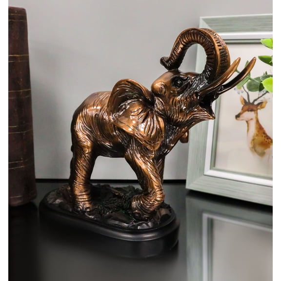 Safari African Elephant Calf With Trunk Raised Figurine On Trophy Base 6.5"L