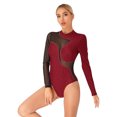 thumbnail image 2 of TiaoBug Women Rhinestone Color Block Ballet Dance Leotard Sheer Mesh Long Sleeve Gymnastics Bodysuit Tops Burgundy S, 2 of 7