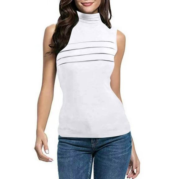 ZQUUVOU Women's T-Shirt Solid Color Sleeveless Turtleneck Blouse White (S)