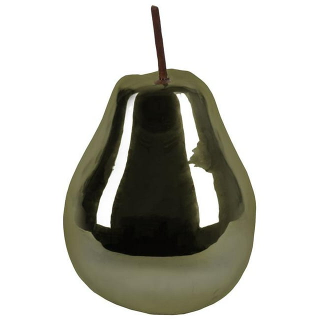 Ceramic Pear Figurine with Stem, Polished Chrome & Sage - Large